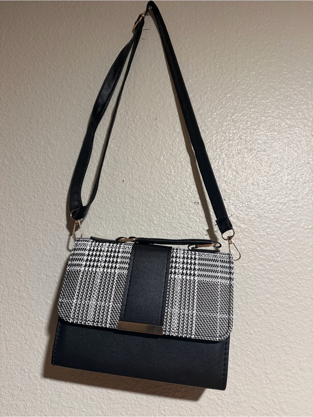 Black Plaid Crossbody Bag with Gold Accent